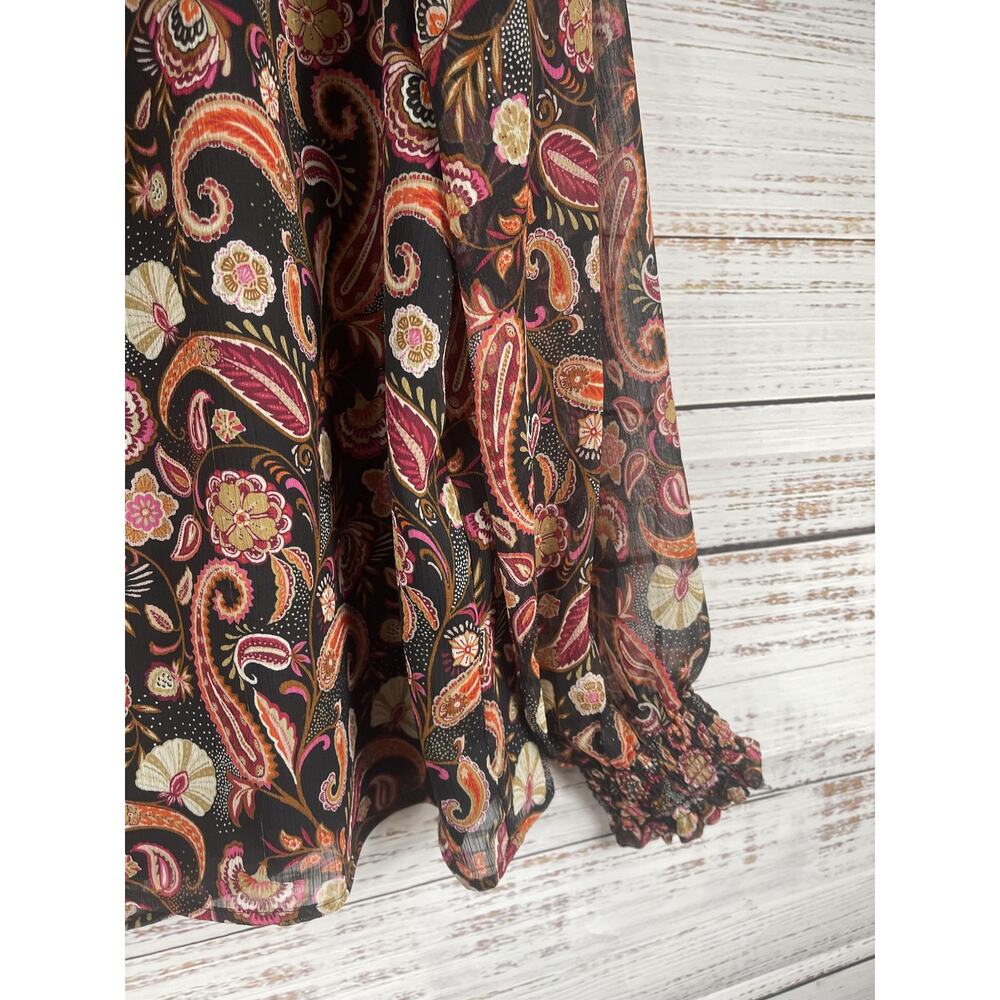 LOFT Blouse Women's Size MP Black Paisley Ruffle V Neck Long Sleeve Sheer Lined - Picture 8 of 11
